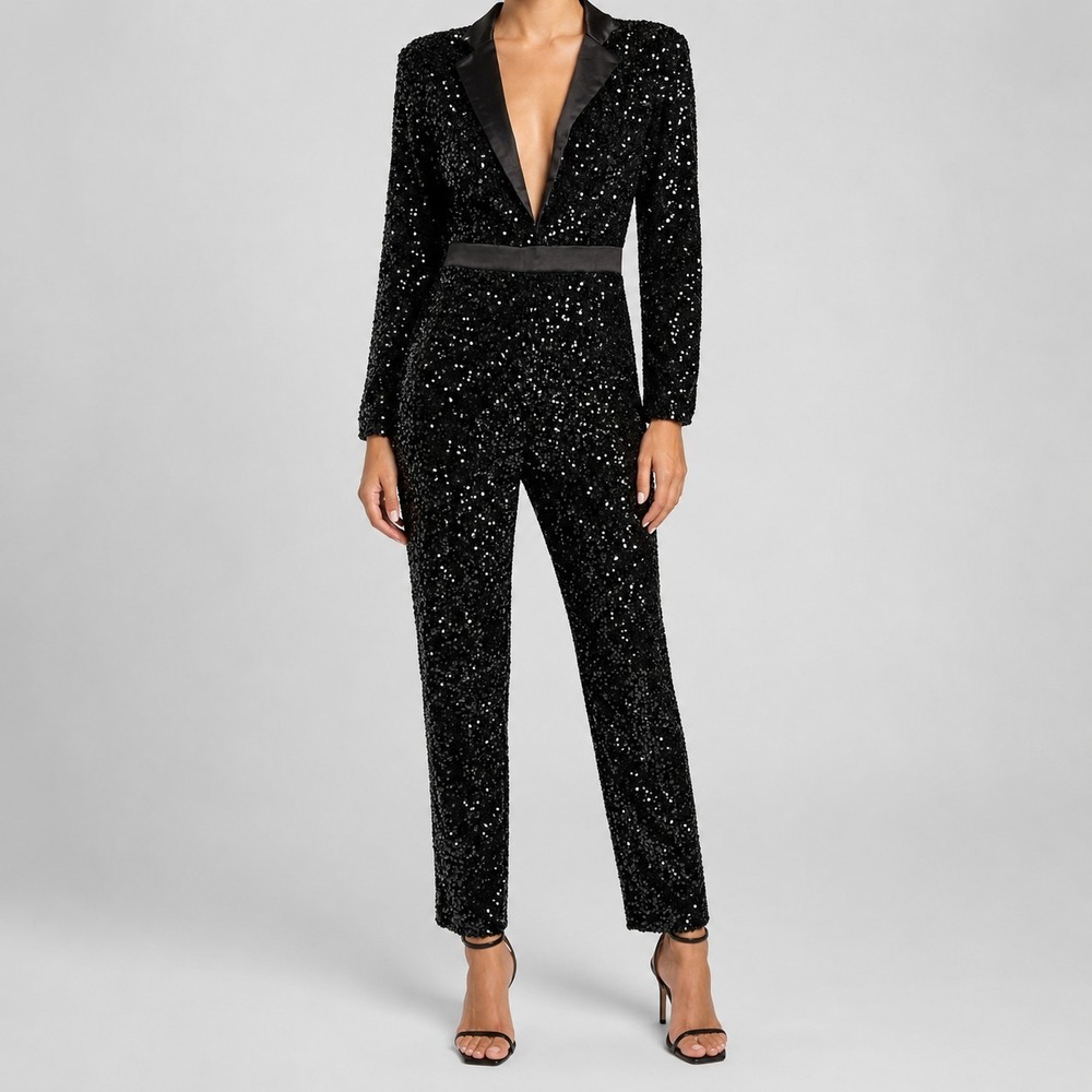 PRETTYLITTLETHING US 6/UK 10 Black Sequin Plunge Front Tailored Tuxedo Jumpsuit